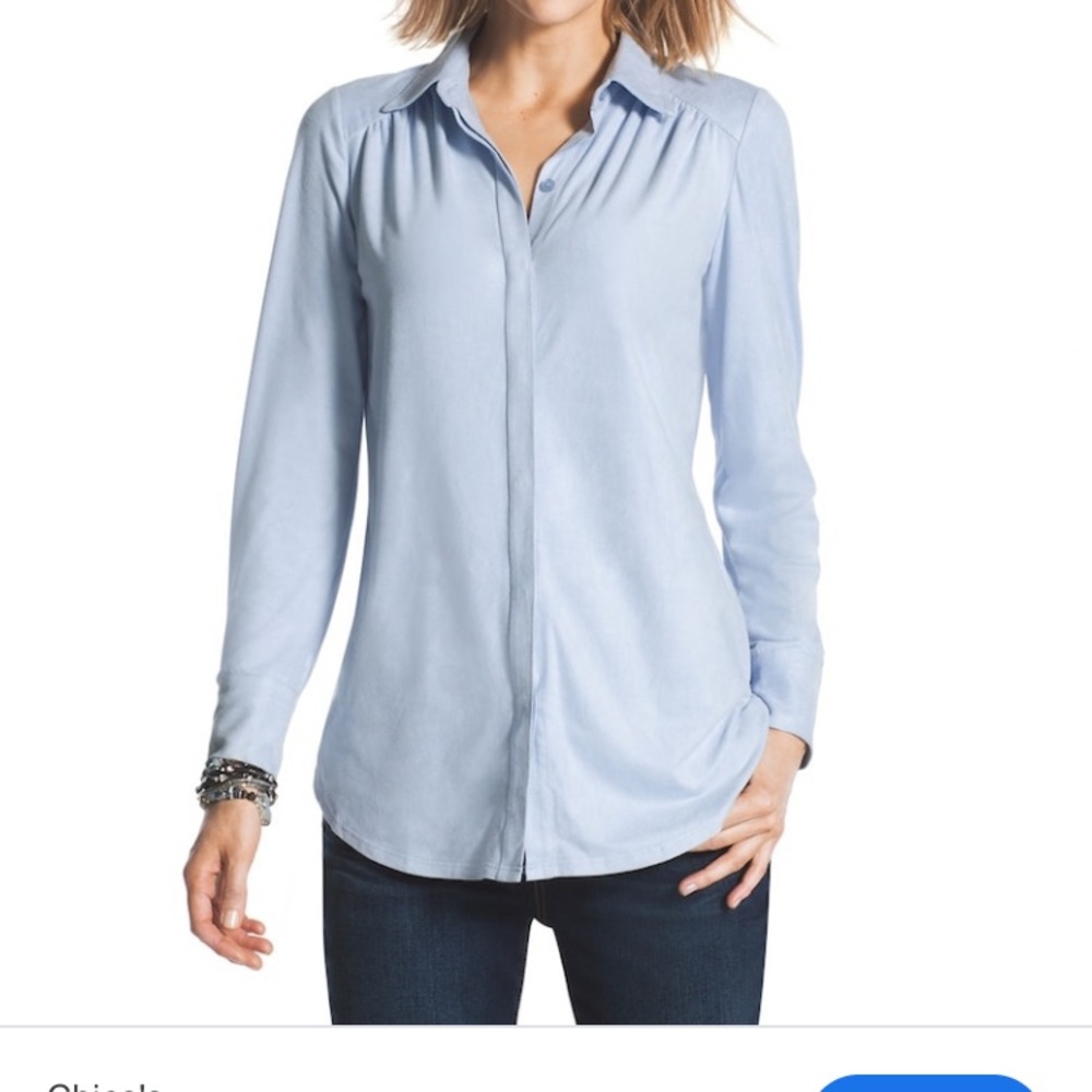 Chico’s faux suede button down shirt.